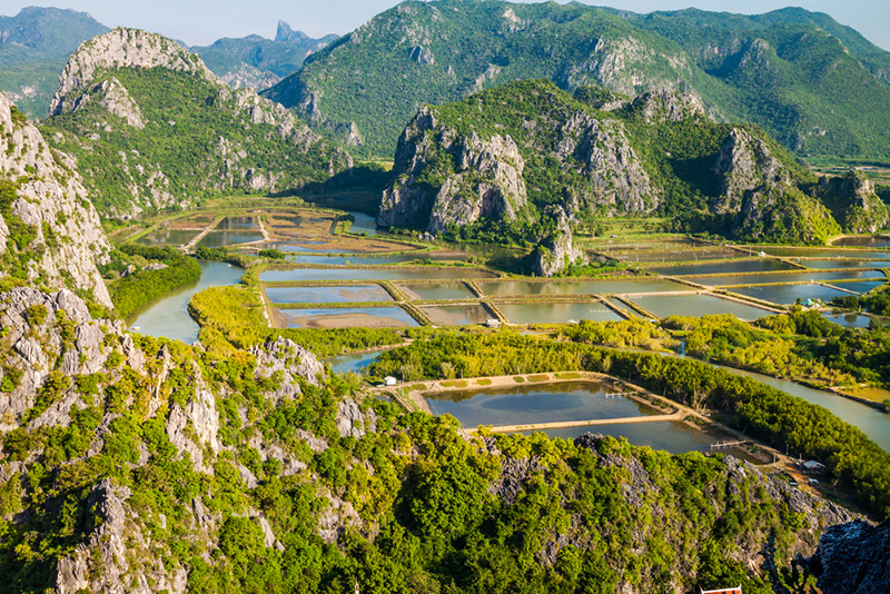 ภาพมุมสูงภูเขาหินปูนและพื้นที่ชุ่มน้ำในเขาสามร้อยยอด