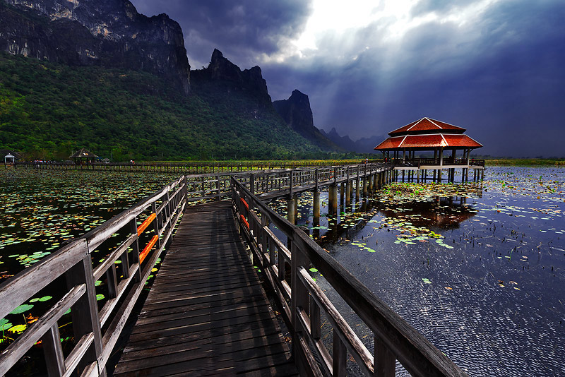 สะพานไม้กลางบึงบัวในเขาสามร้อยยอด บรรยากาศภูเขาและแสงแดดลอดเมฆ